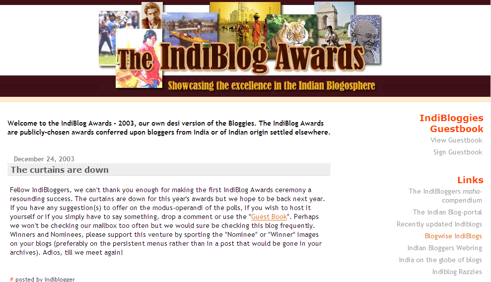 The debutant look of the Indibloggies website, back in 2003 (on Blogger.com)