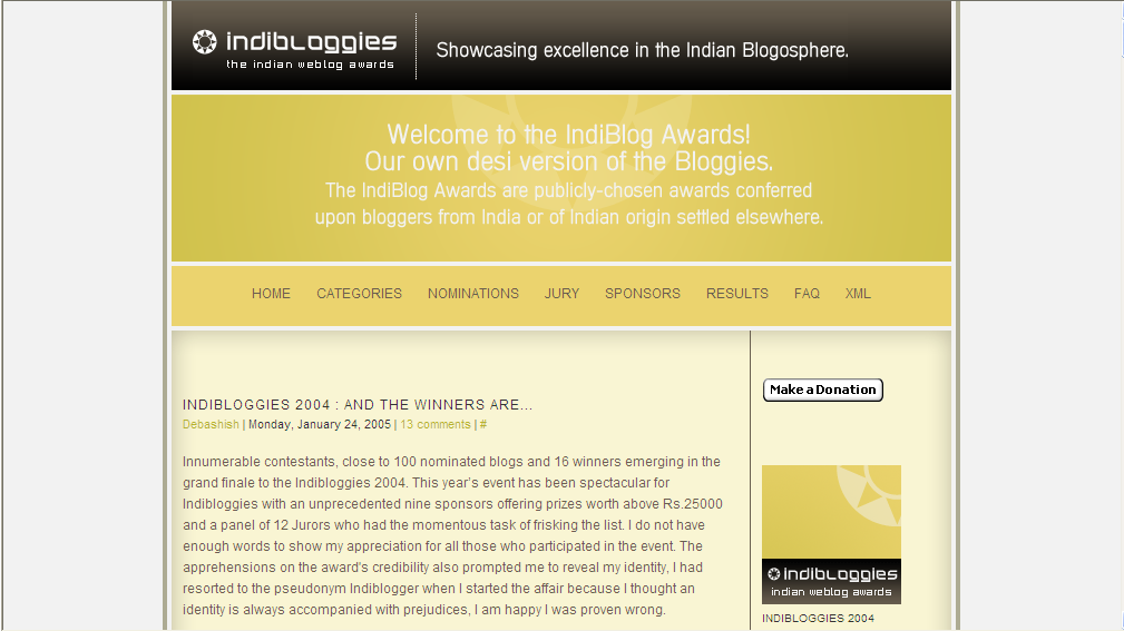 The look of the Indibloggies website in 2004 (still on Blogger.com). Incidentally, the Blogger theme was created by Chugs again.